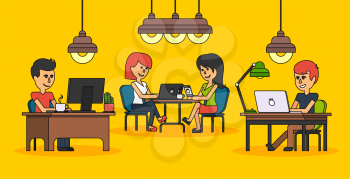 People work in office design flat. Work and man, woman and people, business woman, business man, computer worker, business office desk, businessman person, table and workplace people illustration