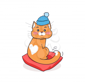 Orange cat with a blue hat on his head sitting on a red pillow isolated on white background. Drawing cat with a white heart on the fur on back. Funny domestic animal pet kitten. Vector illustration