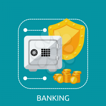 Banking safe protection concept. Business finance banking money and bank security, secure safe and deposit banking, financial protection and saving investment vector illustration