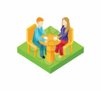 Couple date in cafe isometric design. Couple in cafe, date man and woman, love people, romantic lover, valentine togetherness, isometric date man and woman. Coffee and romance. Vector illustration