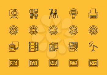 Set of photographic equipment thin, lines, outline, strokes icons. Elements of photo processing. Digital camera with pictures and modes, photo items. For web and mobile applications. Black on yellow