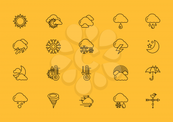 Set of weather thin, lines, outline, strokes icons. Symbols weather snow, rainbow, rain, heat, sunny cloudy, wind black on yellow background. For web and mobile applications