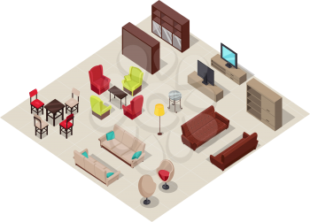 Furniture set isometric design. Frniture isometric, wardrobe and sofa, interior comfortable, relaxation sit, comfort elegance indoor object, lamp and armchair, table fashion item, vector illustration