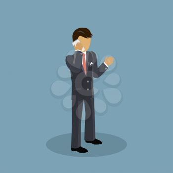 Isometric businessman speaking on a phone. Success 3d businessman with telephone speak, man worker calling to work and male young confident executive in suit speaking on telephone. Vector illustration