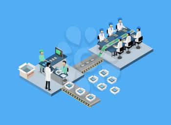 Production tablet or smartphone 3d isometric. Production line, manufacturing and factory, smartphone and tablet, mobile phone, process production, conveyor electronic industrial illustration