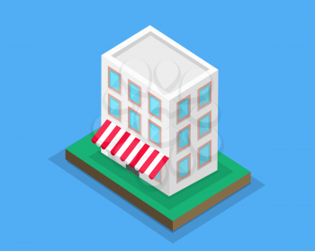 Flat design isometric concept of supermarket general store, shopping mall and fashion store icon. Marketing, supermarket shelf, supermarket aisle. 3d supermarket building with canopy on green lawn