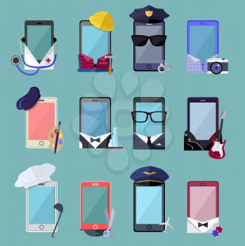 Set of smarphone in costume different professions. Collection of mobile suits chef with a cap, a photographer with a camera, a musician with a guitar, a businessman in glasses. Vector illustration