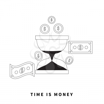 Time is money concept. Hourglass coins. Business currency and clock, dollar saving, watch and cash, sandwatch and monetary. Time management vector illustration. Black thin line on background