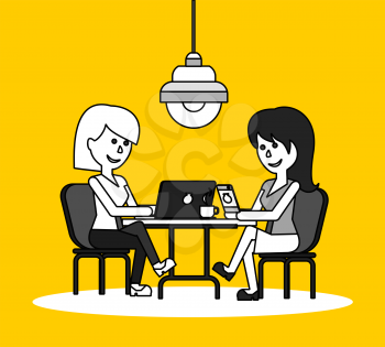 Woman work with laptop and smartphone. Woman and work, business woman work with smartphone, work with laptop, business phone, work technology mobile, working businesswoman with device illustration
