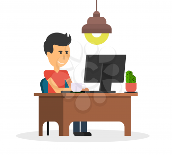 Man work with computer design flat. Computer and business man worker, man in office desk, businessman person at table workplace, character work manager vector illustration