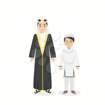 Arabian traditional clothes people. Arab traditional family muslim, arabic woman clothing, east arabian dress, ethnicity islamic face, person human mother with son isolated white. Vector illustration