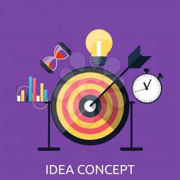 Idea concept background. Glowing light bulb as inspiration concept. Light sign ideas. Vector lightbulb icon. Creative idea in bulb shape. New idea logo. Arrow hit the center