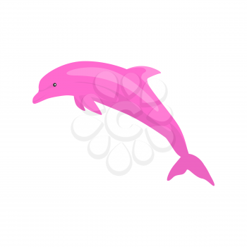 Pink dolphin isolated on white background. Mammals dolphin jumping with a tail and fins. Animals are creatures in the sea or the ocean painted in a flat style, isolated on white. Vector illustration