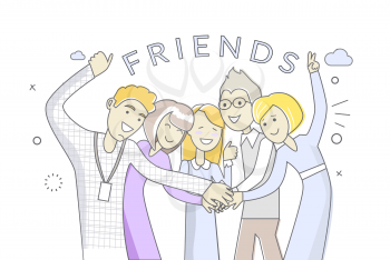 People friends man and woman design. Painted group of happy young people crossed her friends, boys and girls. Banner with happy successful people. Funny students together. Vector illustration