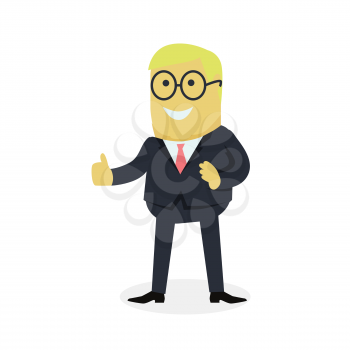 Businesman show gesture thumb up. Young successful man in glasses do business hand gesture shows good job isolated on white background. Approval of the praise and agreement. Vector illustration