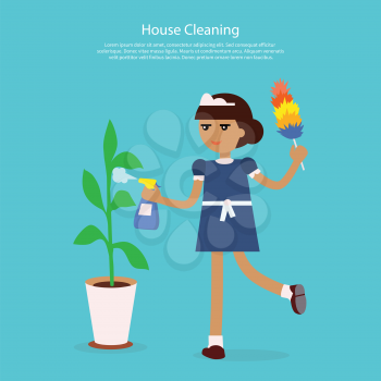 House cleaning template web page. Young girl or woman working in a maid uniform sprinkles water on the home flower isolated on background flat style. Home cleaning services  Vector illustration