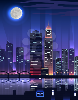 Night city. Megapolis high skyscrapers. Great big business city with a very high office buildings reflected in the river in the rays of light on background of moon night. Vector illustration