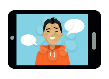 Video communication smart phone. Video message on the smartphone screen. A young man using webinar technology communicate. Flat design young boy on display digital telephone. Vector illustration