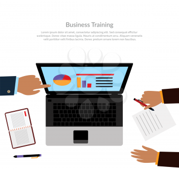 Workspace training design flat. Business training course learning and train, education business office technology and management. Business coach analyzes business performance on laptop monitor