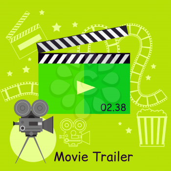 Movie trailer camera with slapstick. Movie film or trailer for cinema entertainment. Video cinematography poster. Action and clapperboard equipment design flat style concept. Vector illustration
