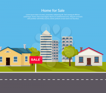 House for sale. Sold home with for sale sign in front of beautiful new house. Vector illustration