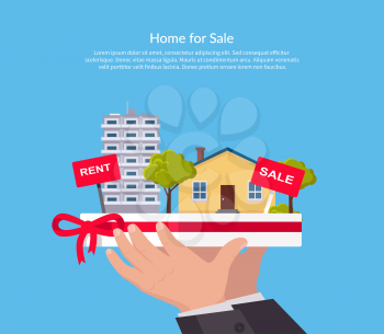 House for sale. Broker keeps the house on the palm. Sold home with for sale sign in front of beautiful new house. Vector illustration
