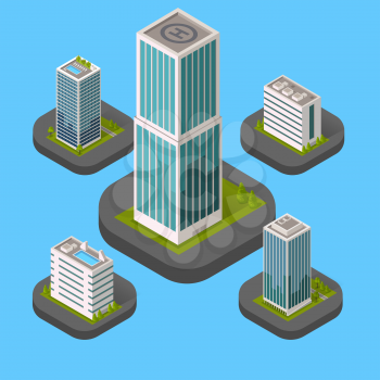 Isometric building set isolated design flat style. 3d modern house building with helipad or business offices isolated on a blue background. Templates for building web design. Vector illustration