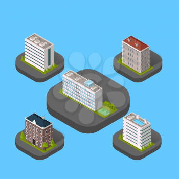 Isometric building set isolated design flat style. 3d modern house building with helipad or business offices isolated on a blue background. Templates for building web design. Vector illustration