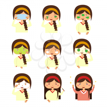 Facials instructions to wash face of woman. Set of girl cares for the person doing facials causes mask on the face. Vector illustration flat design style