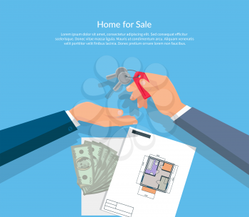 House for sale. Broker gives keys to the buyer of the apartment house and buyer gives the money dollars. Vector illustration