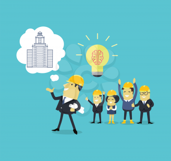 Implementation ideas architect. Successful architect in helmet and with blueprints in hand implements his idea of building a new building. Staff pleased with successes of colleges. Vector illustration