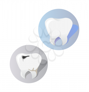 Healthy and diseased tooth design cartoon. Icons or sign, symbol of two teeth. Tooth with a hole or crack damaged.  Caries disease and care healthy medicine flat style concept. Vector illustration