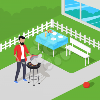 Father preparing barbecue design flat. Dad prepares a barbecue. Vector illustration