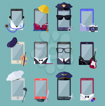 Set of smarphone in costume different professions. Collection of mobile suits chef with a cap, a photographer with a camera, a musician with a guitar, a businessman in glasses. Vector illustration