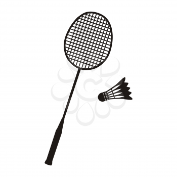 Badminton racket and shuttlecocks icon in black on white. Sport vector illustration