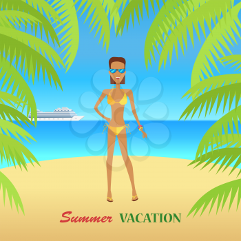 Beach with sand and palm trees in shiny day. Woman in sunglasses. Summer vacation concept. Vector illustration