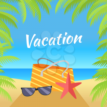 Summer vacation concept banner. Leisure on tropical sunny beach with palm trees. Ocean horizon background. Frame from palm branches. Beach bag, starfish, sunglasses flat design vector illustration.