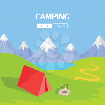 Camping tent near the fire and mountains in the background with lake. Can be used for web banners, marketing and promotional materials, presentation templates