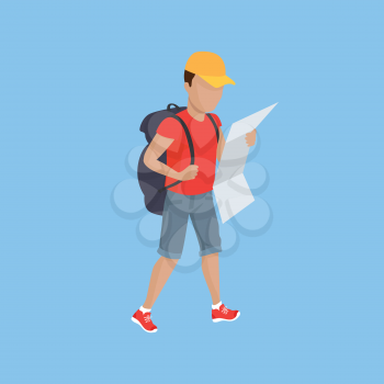 Hiking with backpack illustration. Man in shorts with supplies and map walks on blue background. Vector in modern flat design. Traveller orientation on area concept.