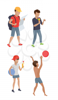 Summer childrens camp concept. Set vector illustrations boys summer characters. Child figures in flat design. Kid hiking, playing with ball, eating ice cream, drinking cold juice.