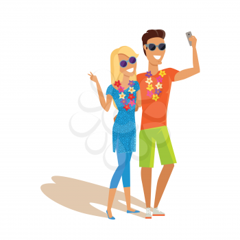 Summer vacation selfie concept. Honeymoon in exotic countries vector illustration. Flat style design. Couple in love with a necklace of flowers taking picture. Isolated on white.