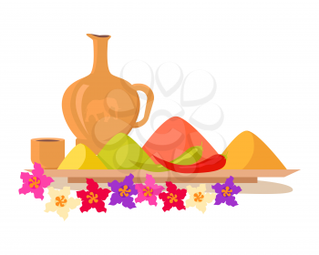 Exotic food concept. Variety of spices and oils on wooden tray with flowers illustration. Chili peppers and hot spices flat style design vector. Isolated on white background.