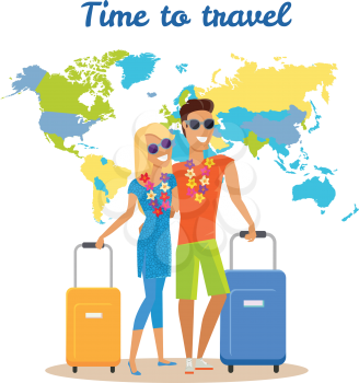Сouple traveling summer vacation vector in flat design. Time to travel concept. Young man and woman with necklace of flowers embracing and holding suitcases on world map background.