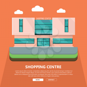 Shopping centre web page template. Flat design. Commercial building concept illustration for web design, banners. Shop, shopping center, mall, supermarket, business center background