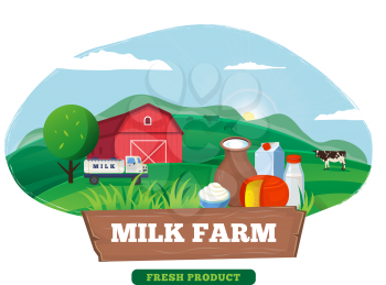 Milk farm concept banner vector flat design. Organic farming, traditional products. Clean naturally produced food. Milk, cottage cheese, sour cream with cow farm on background illustration.