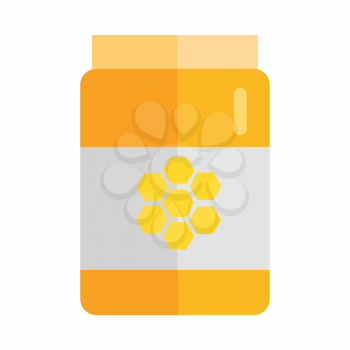 Glass jar with honey hundredth symbol. Concept vector in flat style design. Illustration for application icons, apiary logotype, food packaging, infographics. Isolated on white background. 