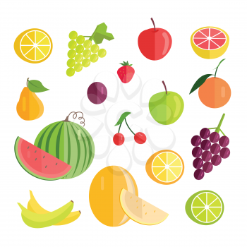 Set of fruits vectors. Flat design. Lemon grape, watermelon cherry, plum, apple, grapefruit melon, banana strawberry pear, orange illustrations for conceptual banners, icons infographics.