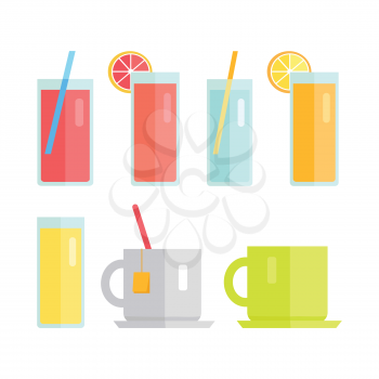 Collection of glasses and cups vector. Flat design. Sweet summer drinks concept. Beverage, water juice tea Illustrations for icons, label, print, logo, menu design, infographics. Isolated on white.