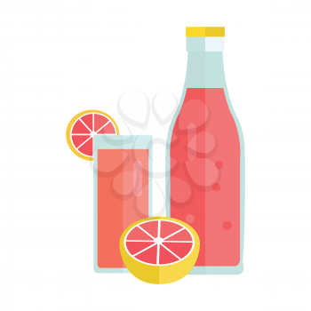 Bottle and glass with citrus beverage. Vector in flat style design. Sweet summer drink concept. Illustration for icons, labels, prints, logo, menu design, infographics. Isolated on white background.