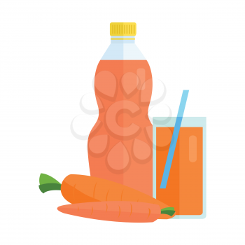 Bottle and glass with carrot beverage. Vector in flat design. Sweet summer drink, fresh juice concept. Illustration for icons, labels, prints, logo, menu design, infographics. Isolated on white. 
